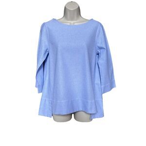 Ann Mashburn Size M 3/4 Sleeve Blouse Shirt Blue Cotton Minimalist High Low